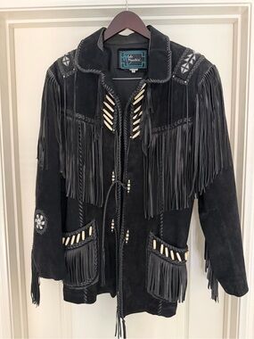 Black Suede Leather Fringe Tassels Beaded Western Biker Jacket with Bone Accents